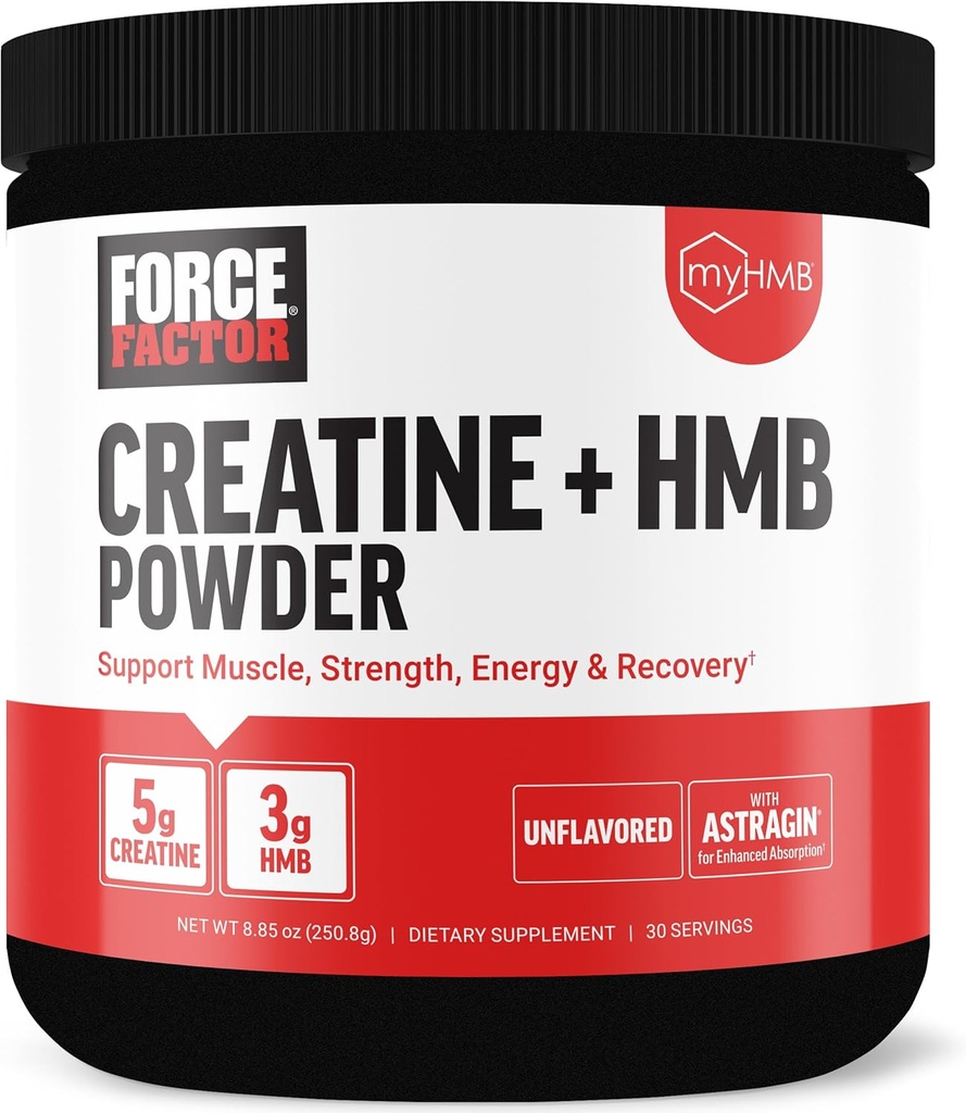 Kraftfaktor Creatinin HMB Powder, 5g Creatinine Monohydrat + 3g myHMB for muskelvækst, Styrke, Energi & Inddrivelse, med AstraGin for forbedret absorption, Unflavored, 30 Servere