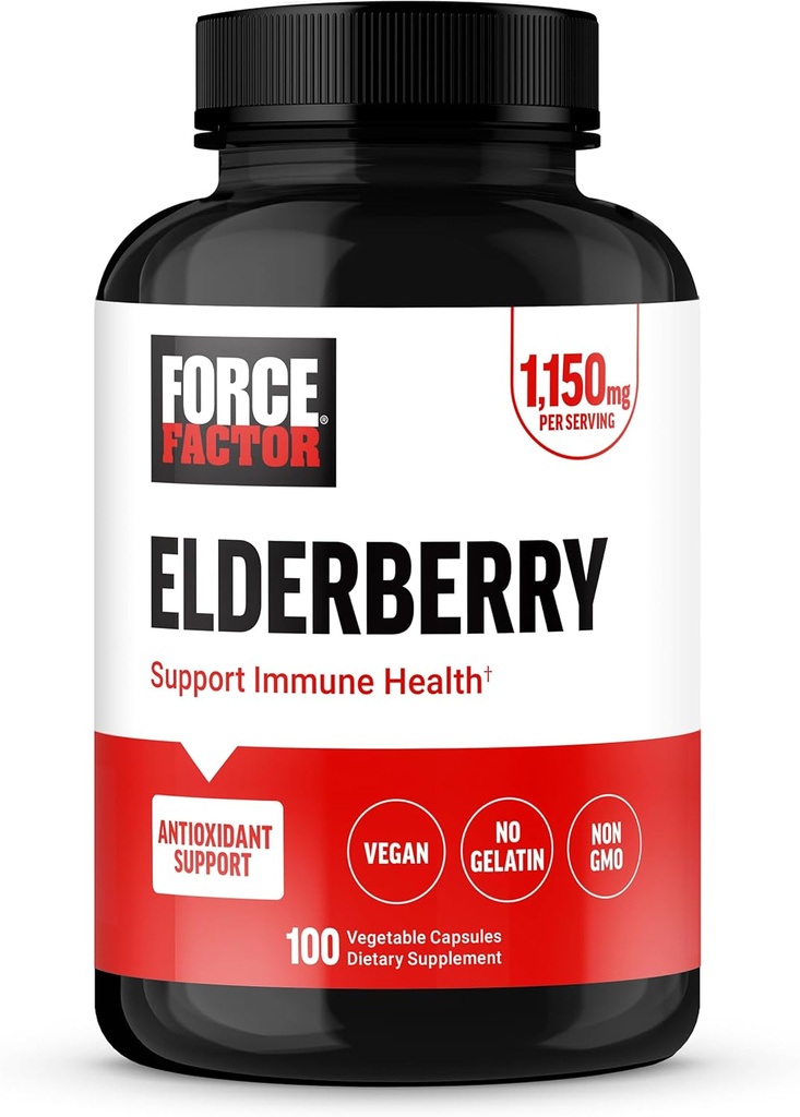 FORCE FACTOR Elderberry Kapsler, Immunitetstillæg og antioxidanter Supplement for mænd og kvinder, Daglig Immunitet Boost, Vegan, No Gelatine, Non- GMO, 100 Vegetabilske Kapsler