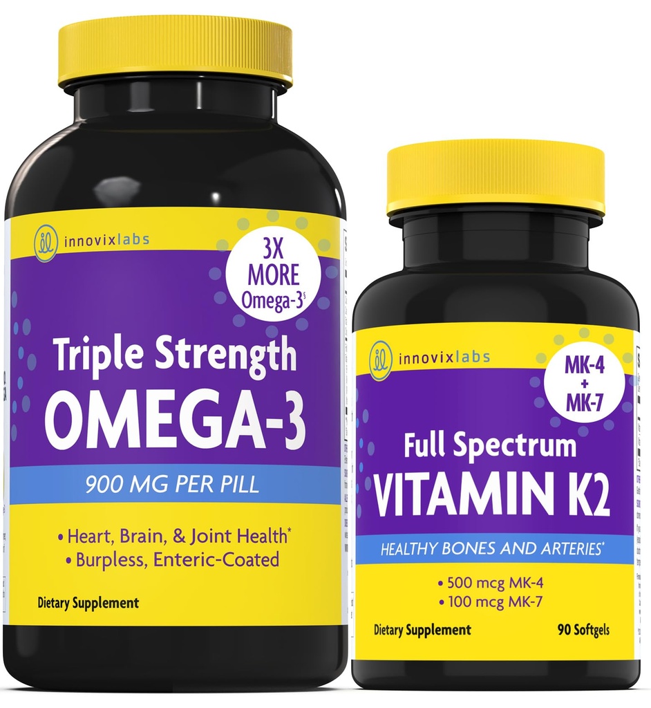 InnovixLabs Vitamin K2 & Triple Omega Bundle Fuld Spectrum Vitamin K2 (90 Softgels) Triple Strength Omega-3 Fish Oil (200 Softgels). Understøtter sunde knogler, arterier og jokes. *
