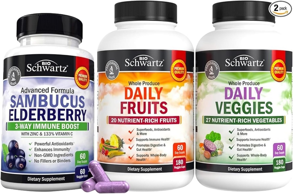 BioSchwartz Daglige frugter og grøntsager supplement til kvinder og mænd (2 måneders forsyning) Plus Elderberry med zink og C-vitamin til voksne immunforsvar (2 måneders forsyning)