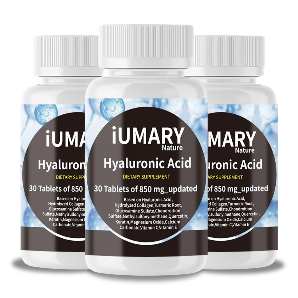 Hyaluronsyre Kosttilskud, 850mg High Bioavailable Dietary Hyaluronsyre - Avanceret fælles støtte med hydrolyseret kollagen, gurkemeje, Glu- cosamine, MSM, C-vitamin - 30 tabletter Pack med 3