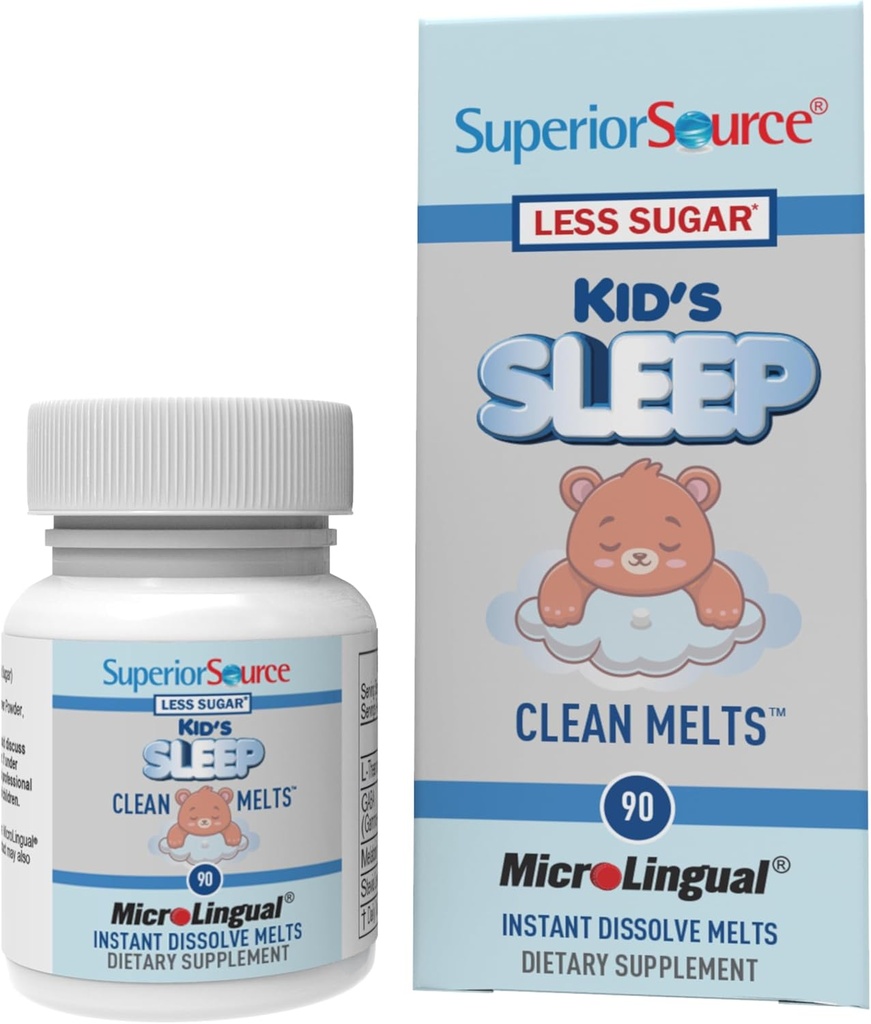 Superior Kilde Kid 's Sleep Clean Melts - Premium Sleep Supplement for børn - Indeholder Melatonin, L- Theanine & GABA - Mindre sukker - Non-GMO, Gluten- Free - 90 MicroLingual Instant- Opløs smelter