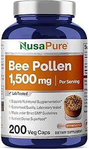 NusaPure Bee Pollen 1500mg 200 Veggie Caps (100% Vegetarisk, Non- GMO, Vegan) naturligt okkurerende proteiner, aminosyrer