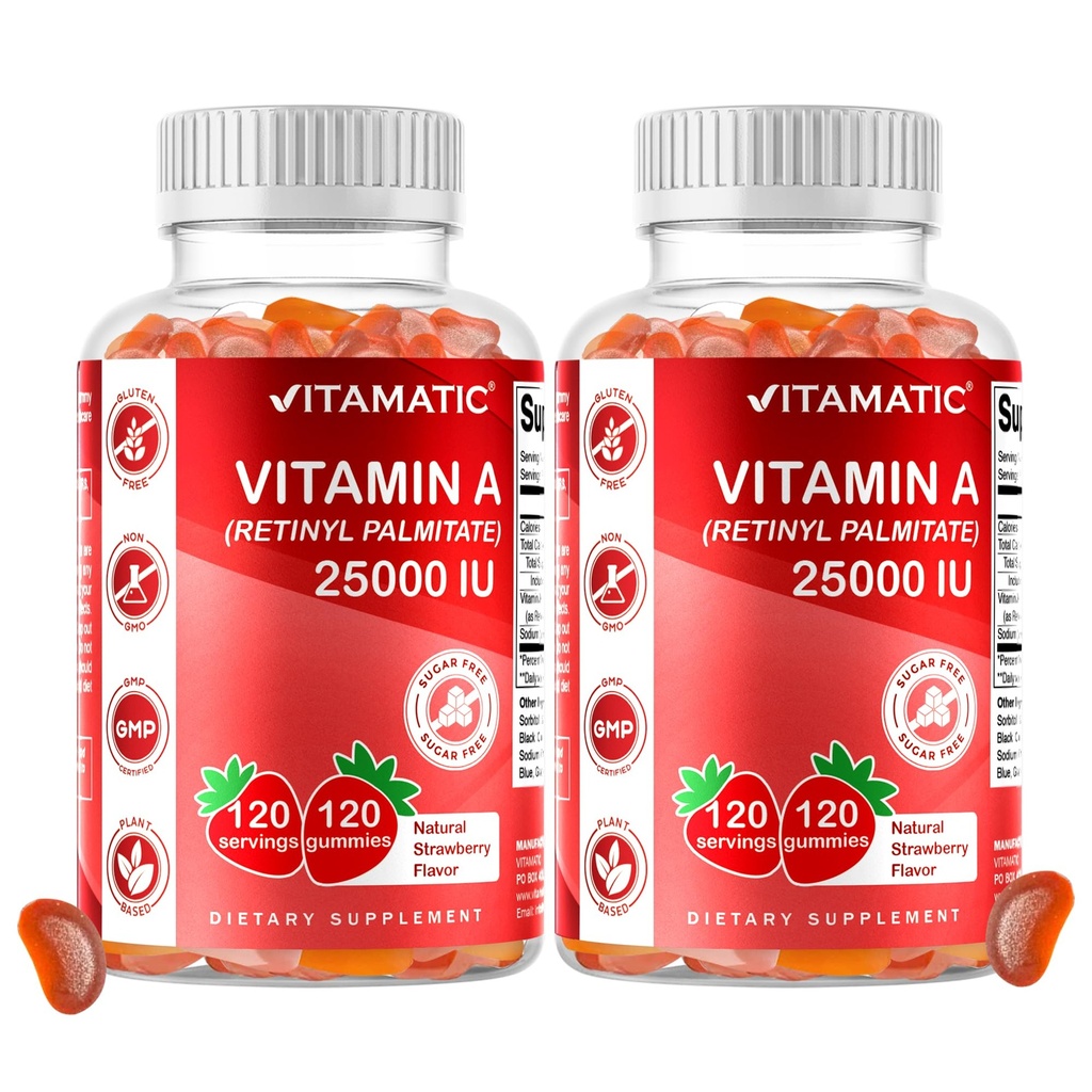 Vitamin A 25000 IE Gummies (Retinyl Palmitat) - Naturlig Jordbærsmag - 120 Pectin baserede Gummies (2 flasker)