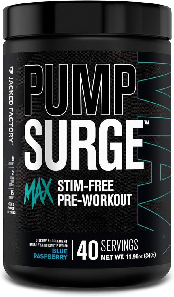 Jacked Factory Pumpbølge Max Stim Free Pre Workout - High- Performance Coffein Free Pre Workout med L- Citrullin, N03- T Arginin Nitrate & Glutathione - 40 Servere, Blå Hindbær