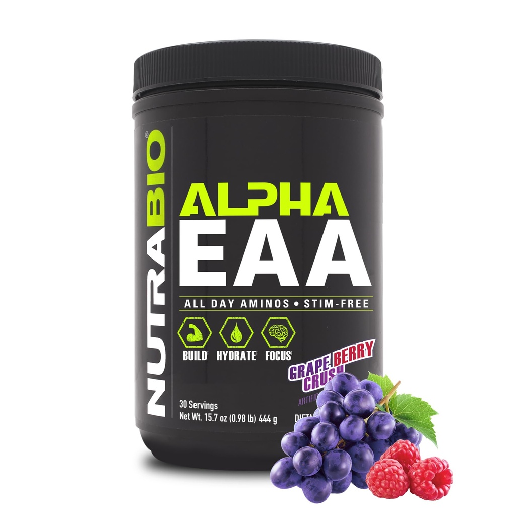 NutraBio Alpha EAA - All- Day Aminosyrer til muskelvækst og hydrering - Essentielle Aminosyrer med Nootropics & Adaptogen- Full Spectrum EAA BCAA Powder - 30 Servering - Grape Berry Crush