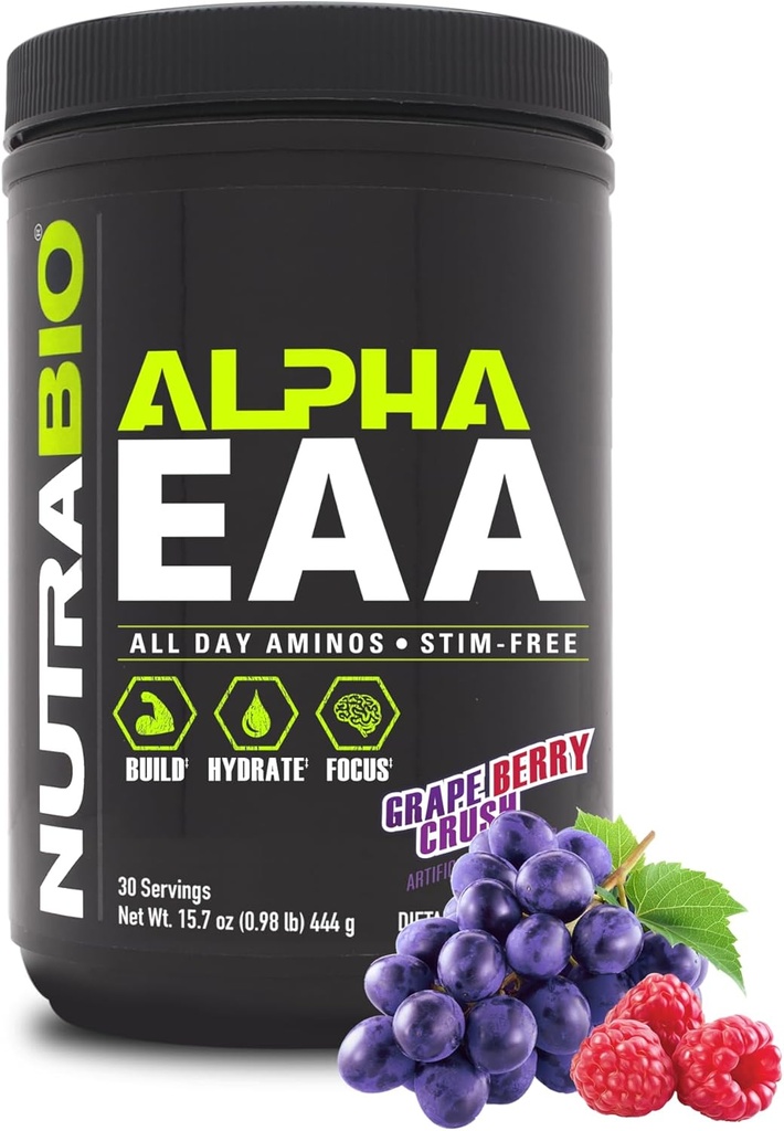 NutraBio Alpha EAA - All- Day Aminosyrer til muskelvækst og hydrering - Essentielle Aminosyrer med Nootropics & Adaptogen- Full Spectrum EAA BCAA Powder - 30 Servering - Grape Berry Crush