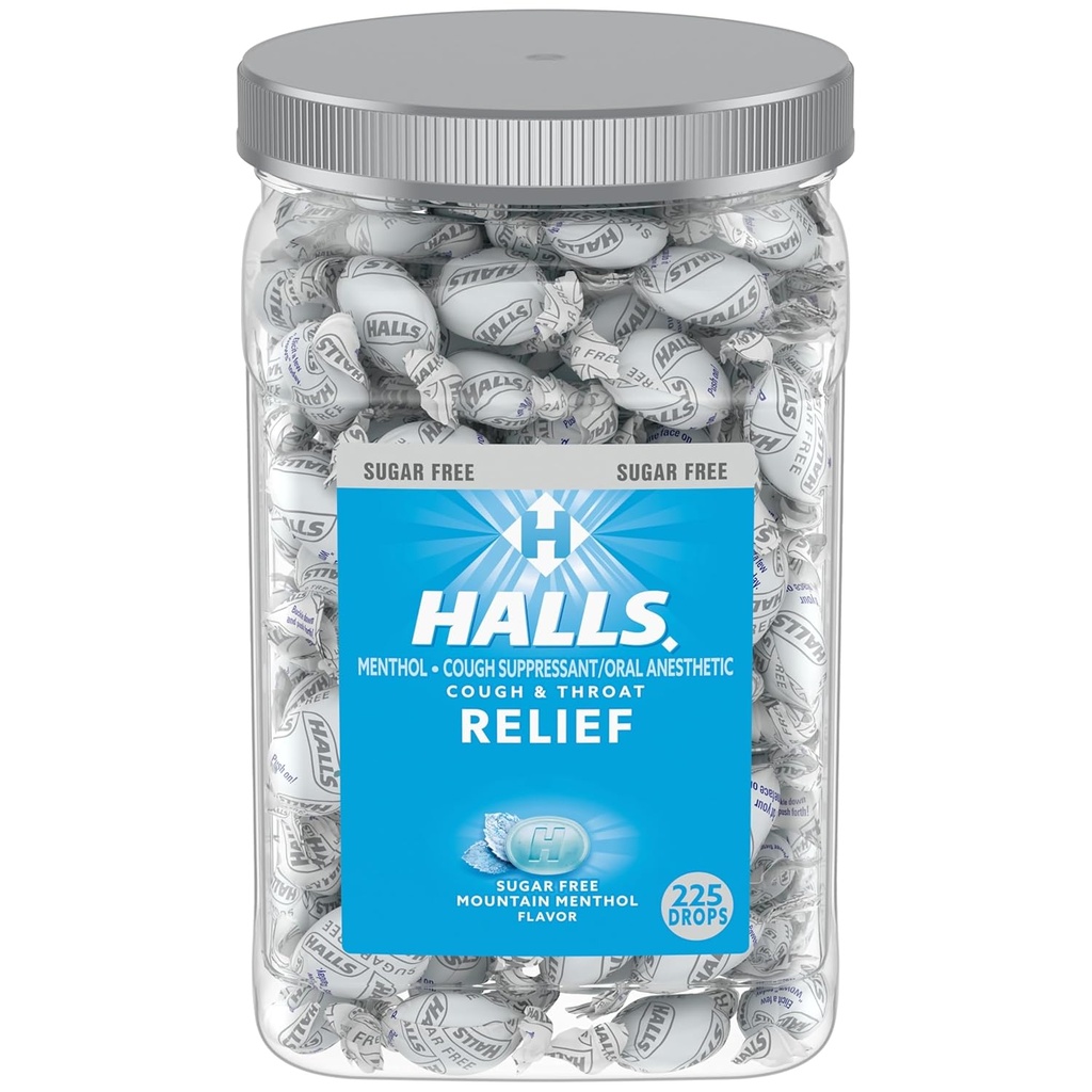 Halls Relief Mountain Menthol Sugar Free Hough Drops, Bulk Hough Drops, 225 Drops