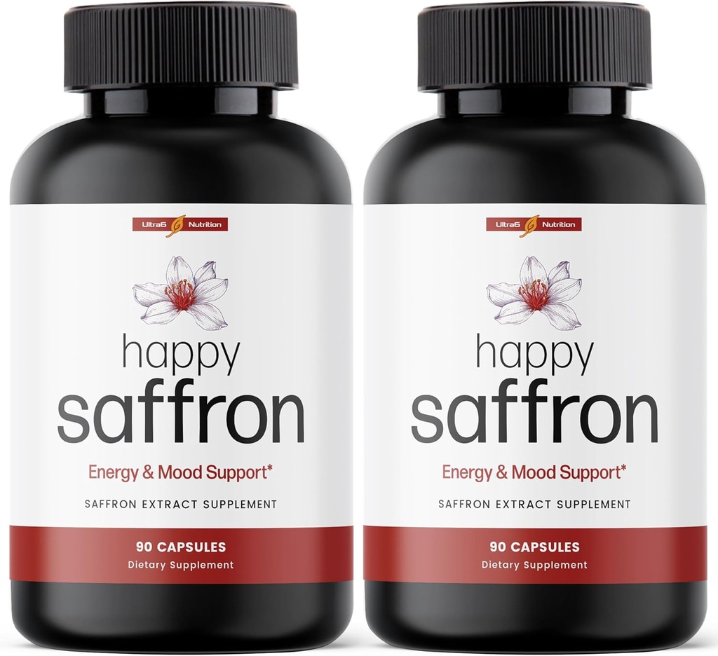 Ultra6 Nutrition Happy Saffron Kosttilskud - 100% Pure Saffron Extract Supplement for Eye Health Support - Mood Enhancer for Women & Men (pakke med 2)