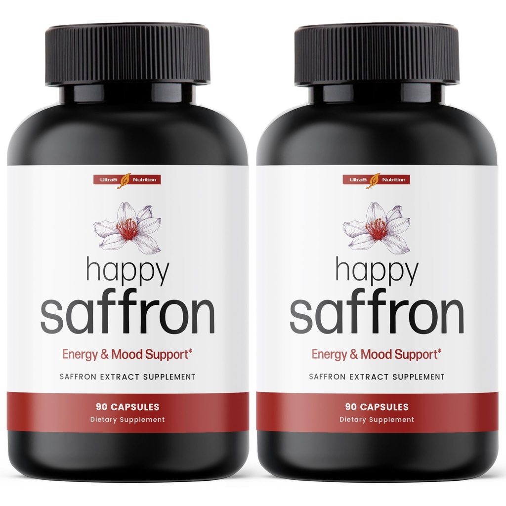 Ultra6 Nutrition Happy Saffron Kosttilskud - 100% Pure Saffron Extract Supplement for Eye Health Support - Mood Enhancer for Women & Men (pakke med 2)