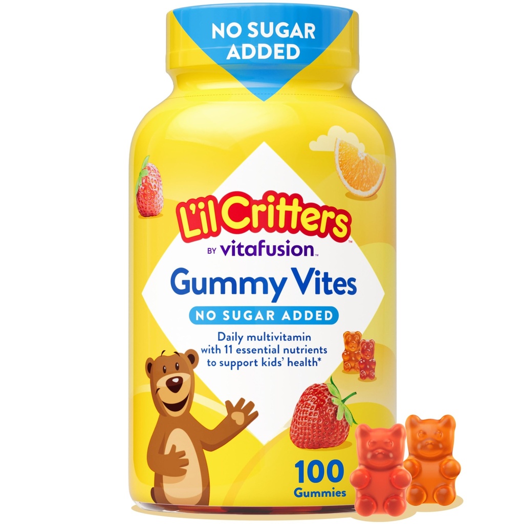 L 'il Critters Gummy Vites No Sugar Added Daily Gummy Multivitamin for Age 2 + Toddlers & Kids, C-vitamin, D3 for Immun, Strawberry og Orange Flavors, 100 Gummies