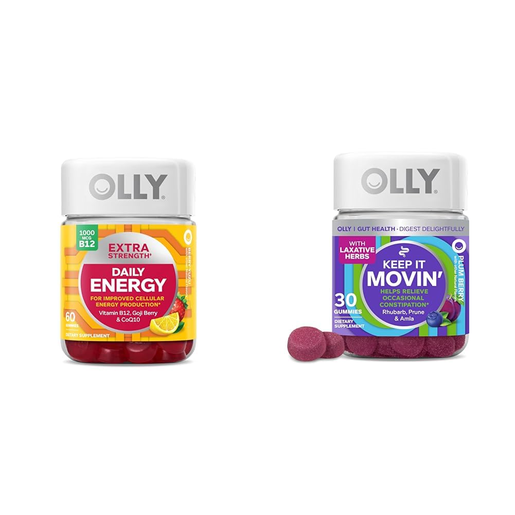 OLLY Extra Strength Daily Energy Gummy med B12-vitamin, CoQ10, Goji Berry, 60 Greve & Hold det bevægelige Forstoppelse Relief Gummy med Rabarber, Prunes, Amla, 30 Greve