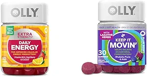OLLY Extra Strength Daily Energy Gummy med B12-vitamin, CoQ10, Goji Berry, 60 Greve & Hold det bevægelige Forstoppelse Relief Gummy med Rabarber, Prunes, Amla, 30 Greve