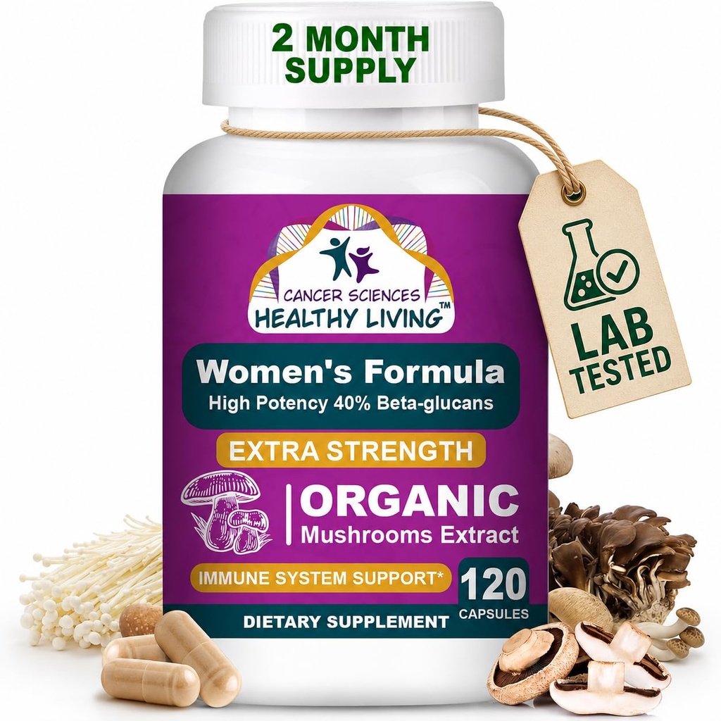 Cancer Sciences Organic Multivitamin for Women - Mushroom supplement Extract - Hormonal & immunforsvar Vitaminer - 1.500mg Non- GMO Wellness Mushroom Kompleks med 40% Beta- Glucans, 120 kapsler