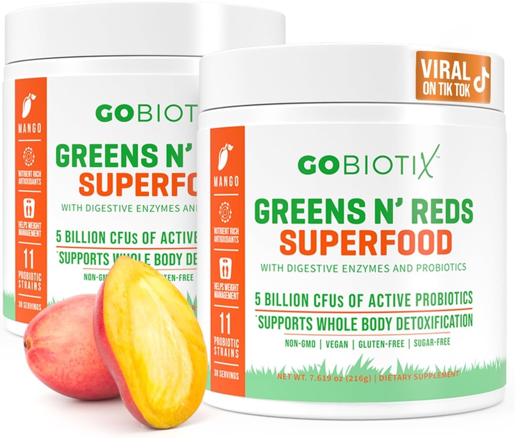 GOBIOTIX Super Green and Red Powder - Rød og grøn superfood - Probiotisk supplement - fordøjelsesenzymer og root pulver - Organic Whole Foods Kosttilskud (Mango, 2 Pack)