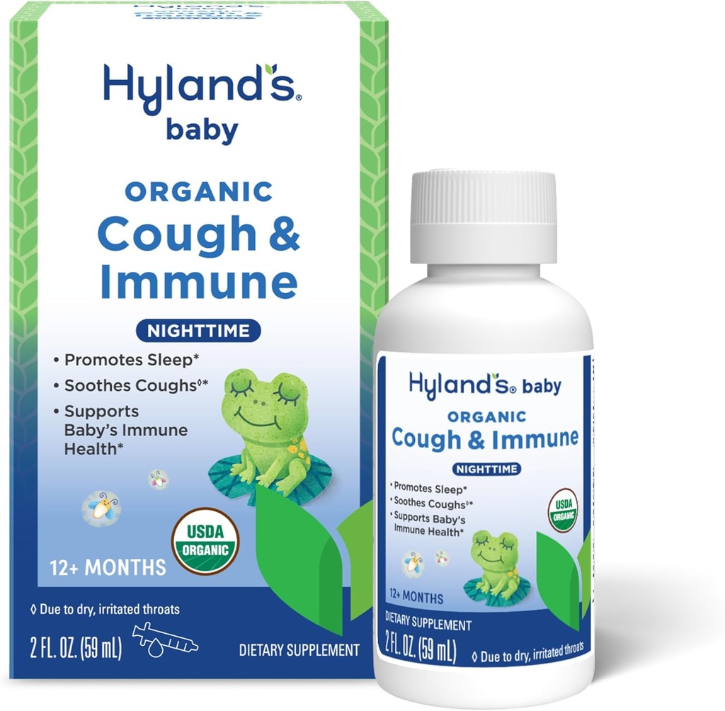 Hyland 's Baby Organic Hough Syrup og immunforsvar med Agave, Elderberry og Pomegranat, Sothes Hough, og støtter Immunitet, Nighttime, 2 Fl. Oz.