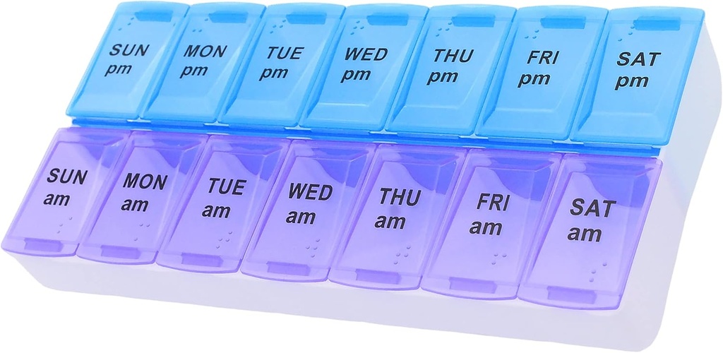 7 Dag Ugentlig AM PM Pill Organizer, ShysTech Stor Pill sag Pill Box til piller Vitamin Kosttilskud Medicin (lilla / blå)