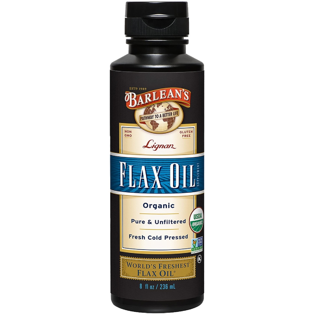 Barlean 's Organic Lignan Flaxseed Oil Liquid Supplement fra kold presset hør frø, 7,230 mg ALA Omega-3 fedtsyrer til hud og hår pleje, Vegan & Gluten Free, 8 oz