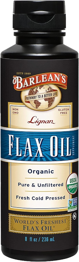 Barlean 's Organic Lignan Flaxseed Oil Liquid Supplement fra kold presset hør frø, 7,230 mg ALA Omega-3 fedtsyrer til hud og hår pleje, Vegan & Gluten Free, 8 oz