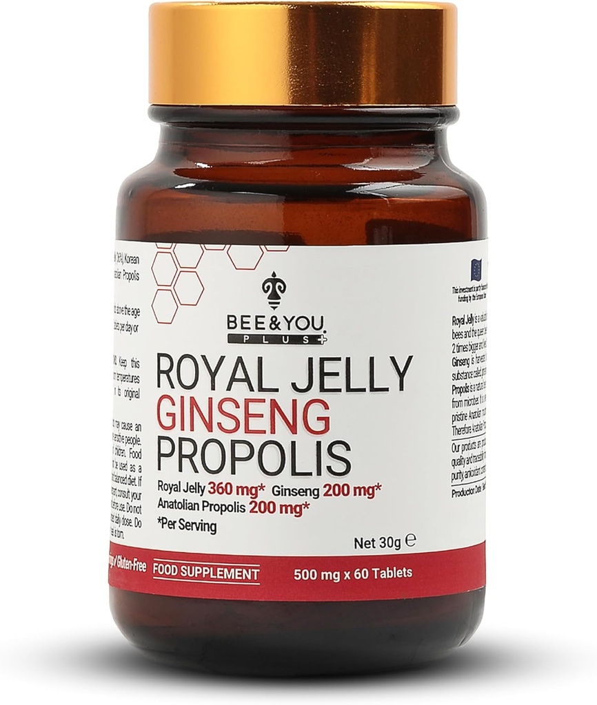 Bee og You Royal Jelly med Ginseng Tablet, Propolis Extract, 60ct, 100% Natural Superfood, Ultra Pure, immunforsvar supplement, Antioxidanter, Keto, Paleo, Gluten- Free