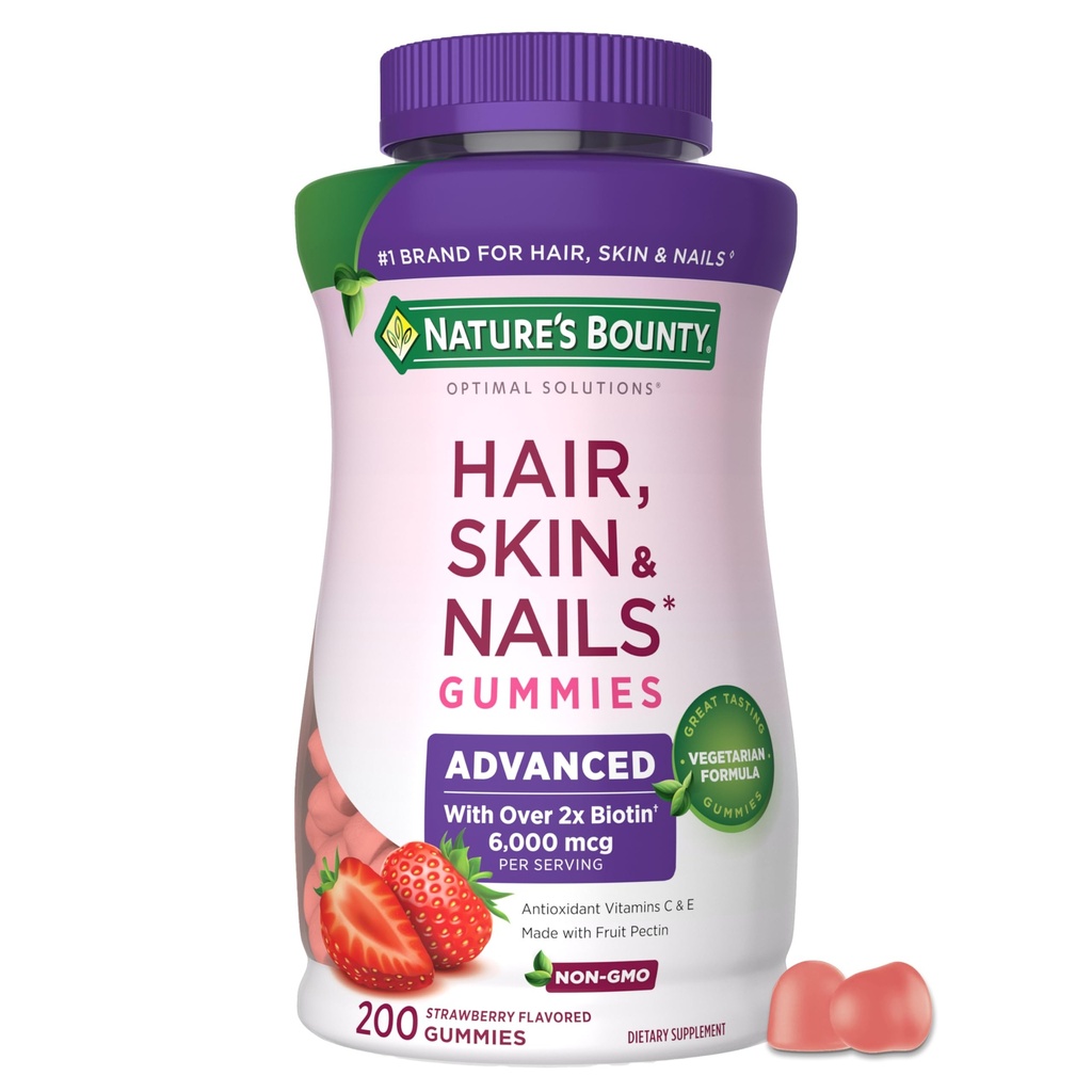 Naturens Bounty Optimal Løsninger Avancerede hår, hud og negle Pectin Gummies, 2x Biotin Per Servering, Ingen Stick Gummy, Vegetarisk Formel, Jordbær Flavor, 200 ct, 100 Total Servering