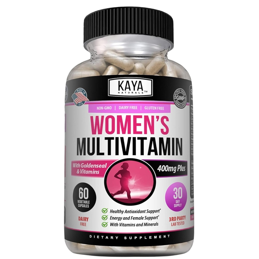 Kaya Naturals Kvinder Multivitamin, Samlet sund antioxidant, og immunforsvar, Vitamin A, D, C, E, Biotin, Folinsyre, & Multi- Mineral, Energi & Metabolisme Vitamin Supplement 60 Tæl