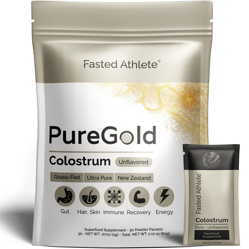 Fastsat atlete - PureGold Colostrum - Grass- Fed Colostrum Powder understøtter Gut Sundhed, Hud, Inddrivelse & Immunitet - Unflavored, 30 Single-Serve Pakker