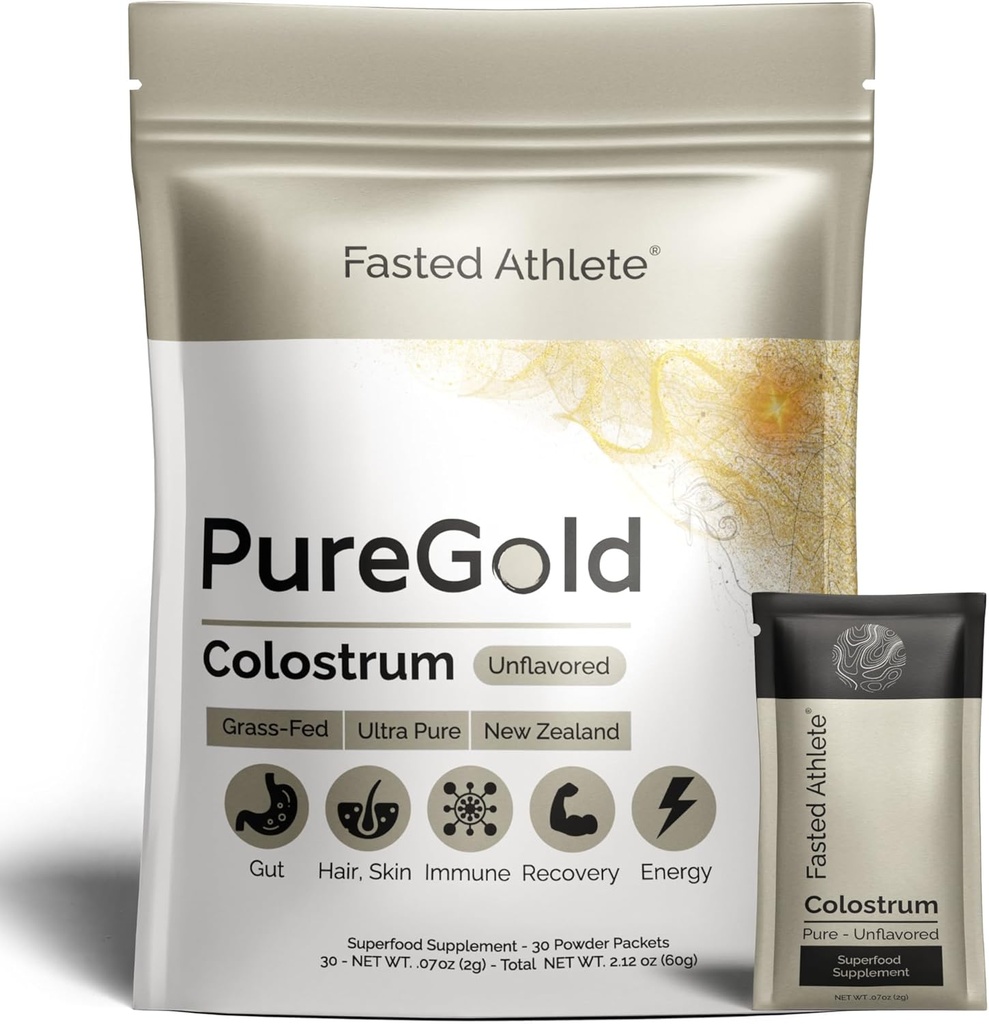 Fastsat atlete - PureGold Colostrum - Grass- Fed Colostrum Powder understøtter Gut Sundhed, Hud, Inddrivelse & Immunitet - Unflavored, 30 Single-Serve Pakker