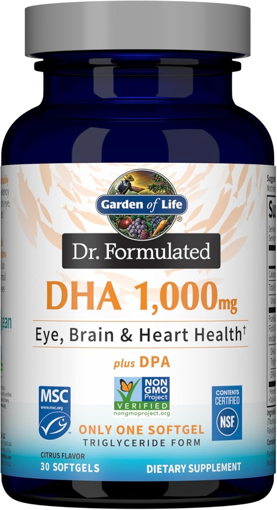 Livets have Dr. Formuleret DHA 1.000mg Fish Oil - Lemon, En gang Daily 1000mg DHA + DPA i triglycerid form, Enkelt kilde Omega 3 Supplement til Ultimate Eye, Brain & Heart Health, 30 Softgels