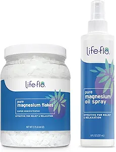 Life- flo Pure Magnesium Oil Spray 8oz og Magnesium Flakes til Bath 44oz - Magnesiumchlorid fra Zechstein Seabed - Relief and Relaxation Bundle - Lindrer muskler og joints - 60-dages garanti