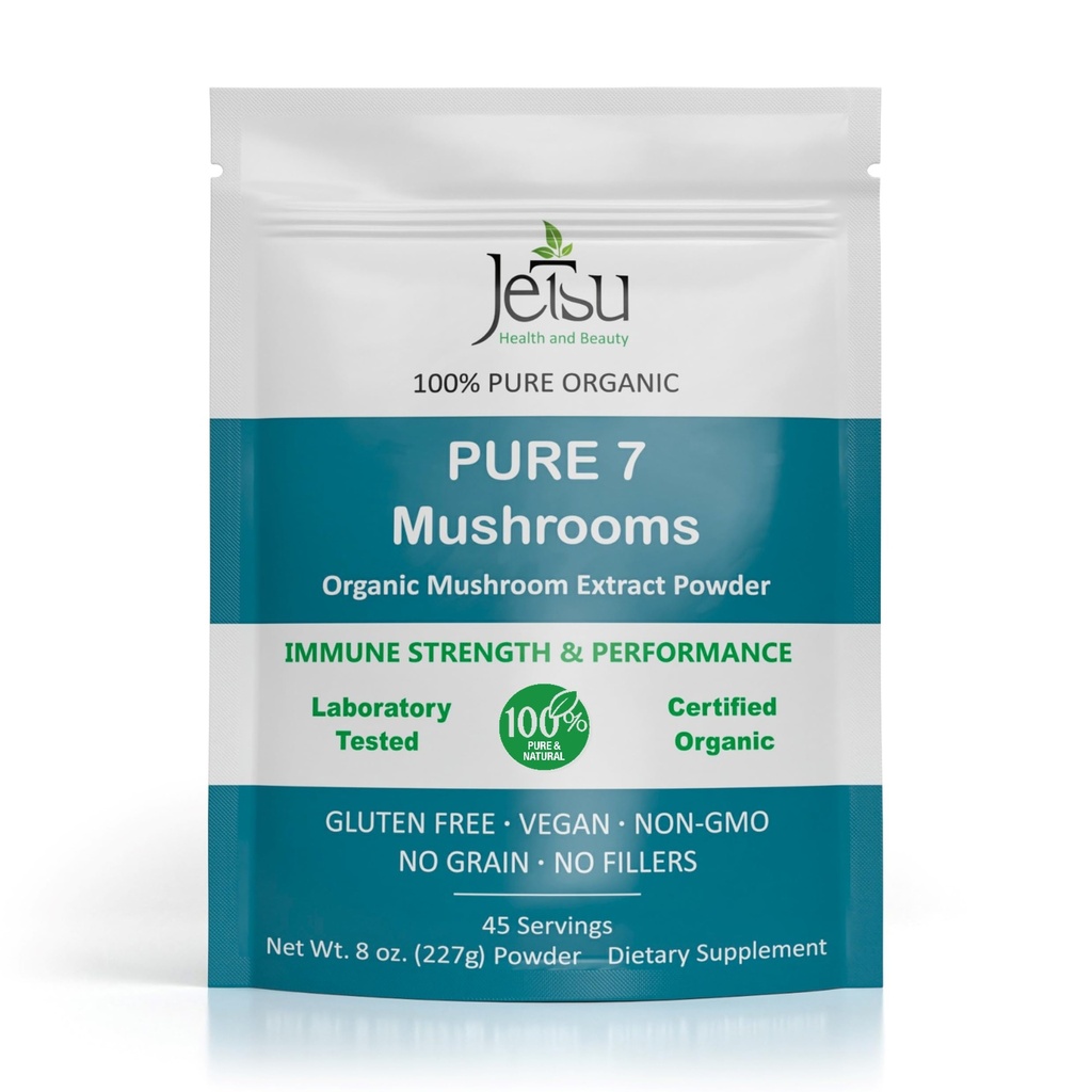 Jetsu Pure 7 Organic Mushroom Extract Powder, Chaga, Cordyceps, Lions Mane, Maitake, Reishi, Shiitake & Tyrkiet Tail Mushrooms Supplement, for immunforsvar, Focus, Energy