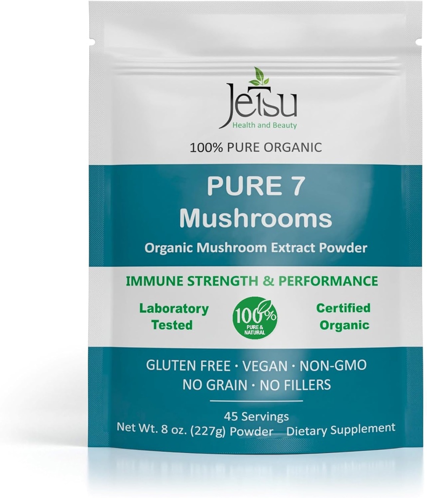 Jetsu Pure 7 Organic Mushroom Extract Powder, Chaga, Cordyceps, Lions Mane, Maitake, Reishi, Shiitake & Tyrkiet Tail Mushrooms Supplement, for immunforsvar, Focus, Energy
