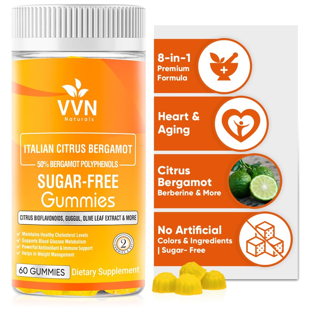 2900mg Citrus Bergamot Blend 25: 1 Extract Gummies (Italy Sourced & Manufactured in USA) for immunsystemet Support & Sund Aging med Guggul, Pine Bark & Mere; Sugar- Free, 60 ct.