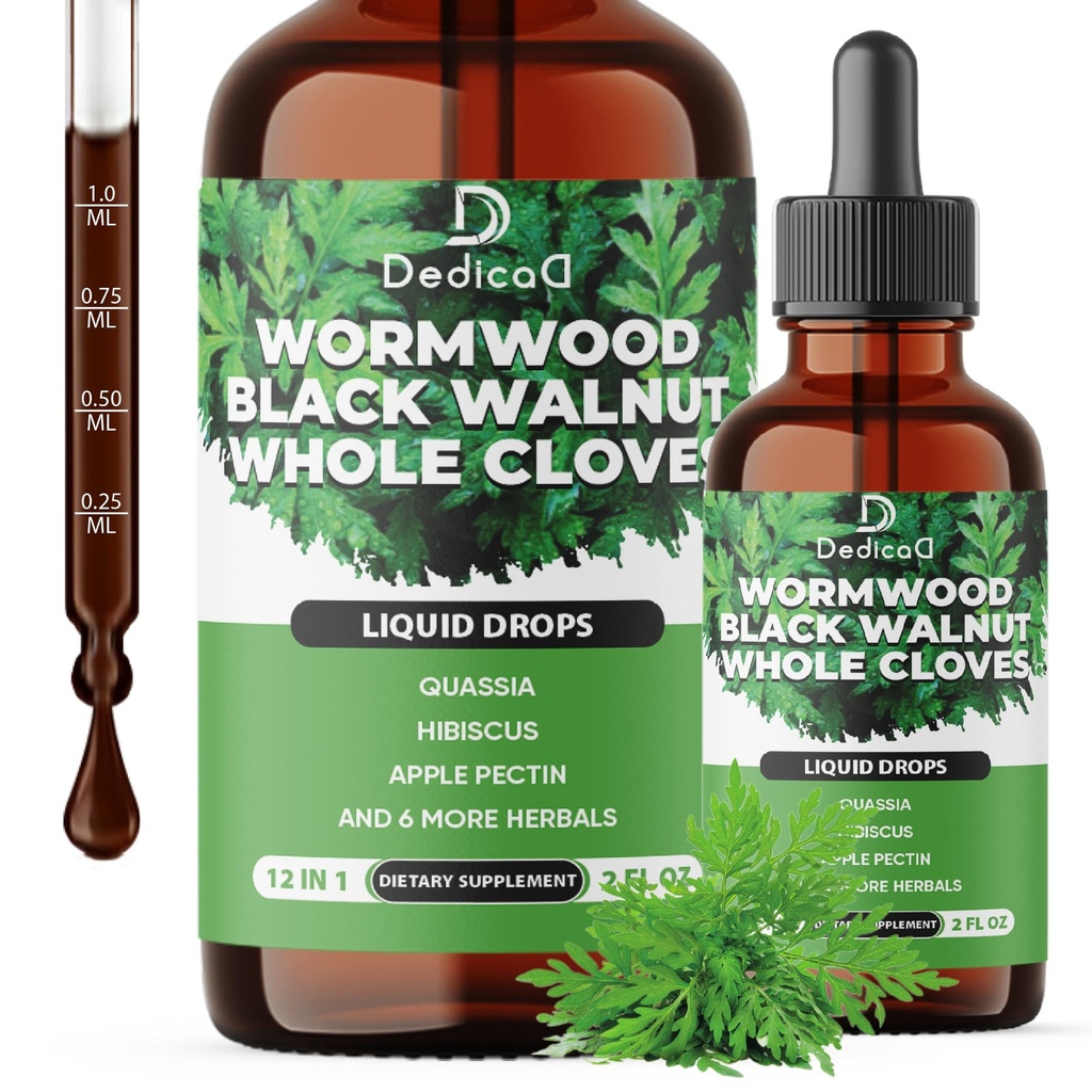 12in1 Wormwood Liquid Drops - Black Walnut Wormwood Tincture Liquid Extract Hel Cloves og 9 flere urter - 60 dages forsyning