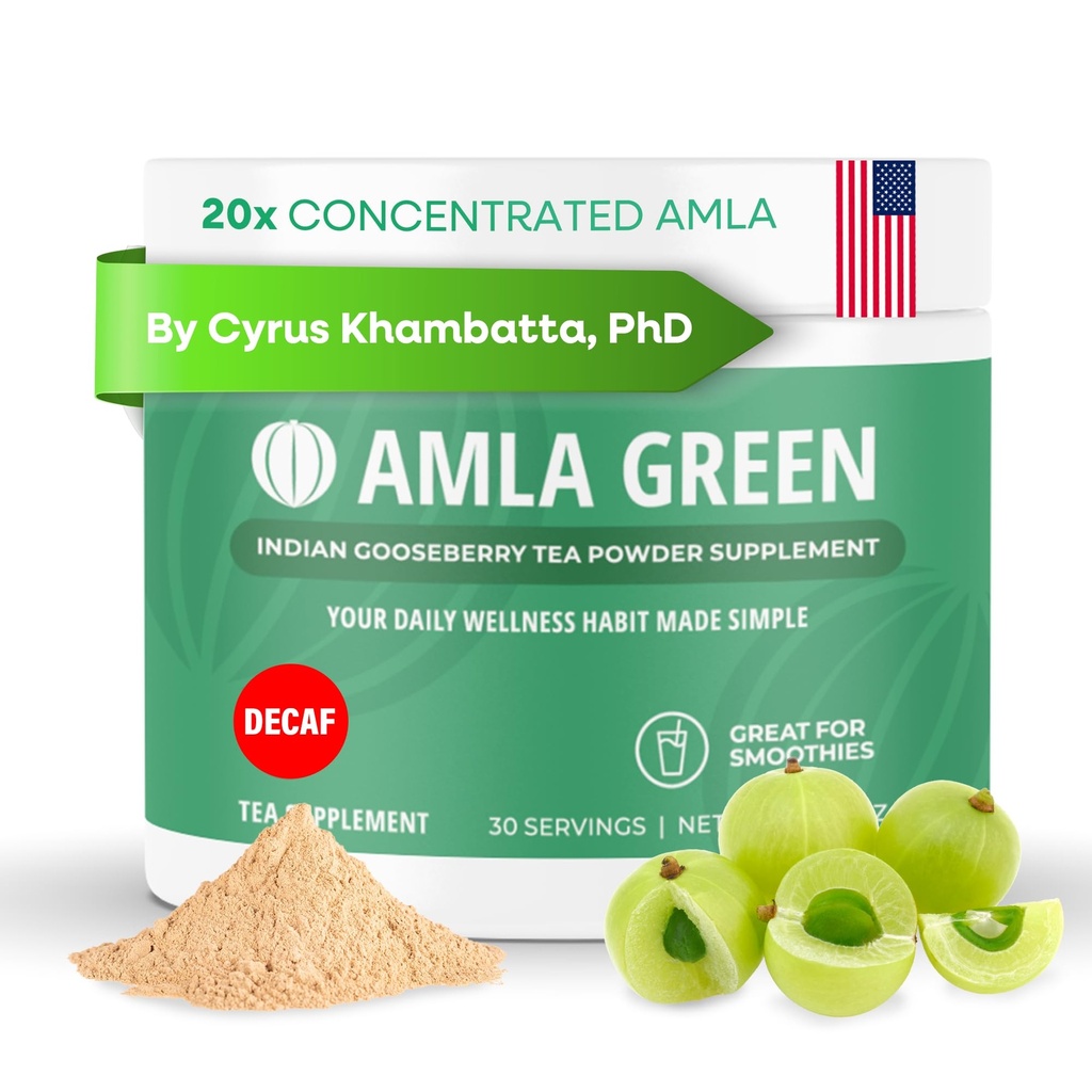 Amla pulver & Decaf Green Tea Superfood Supplement, 20x Ultra koncentreret Amla, Antioxidant Support, Lavet med Oolong Tea og indiske Gooseberries, Organic, Vegan, Decaf, 30 Servere