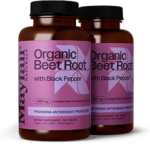 USDA Organic Beet Root med sort peber (2 Pack), 1350mg Organic Beet Root Powder, Kosttilskud, 120 tabletter Hver (240 i alt)