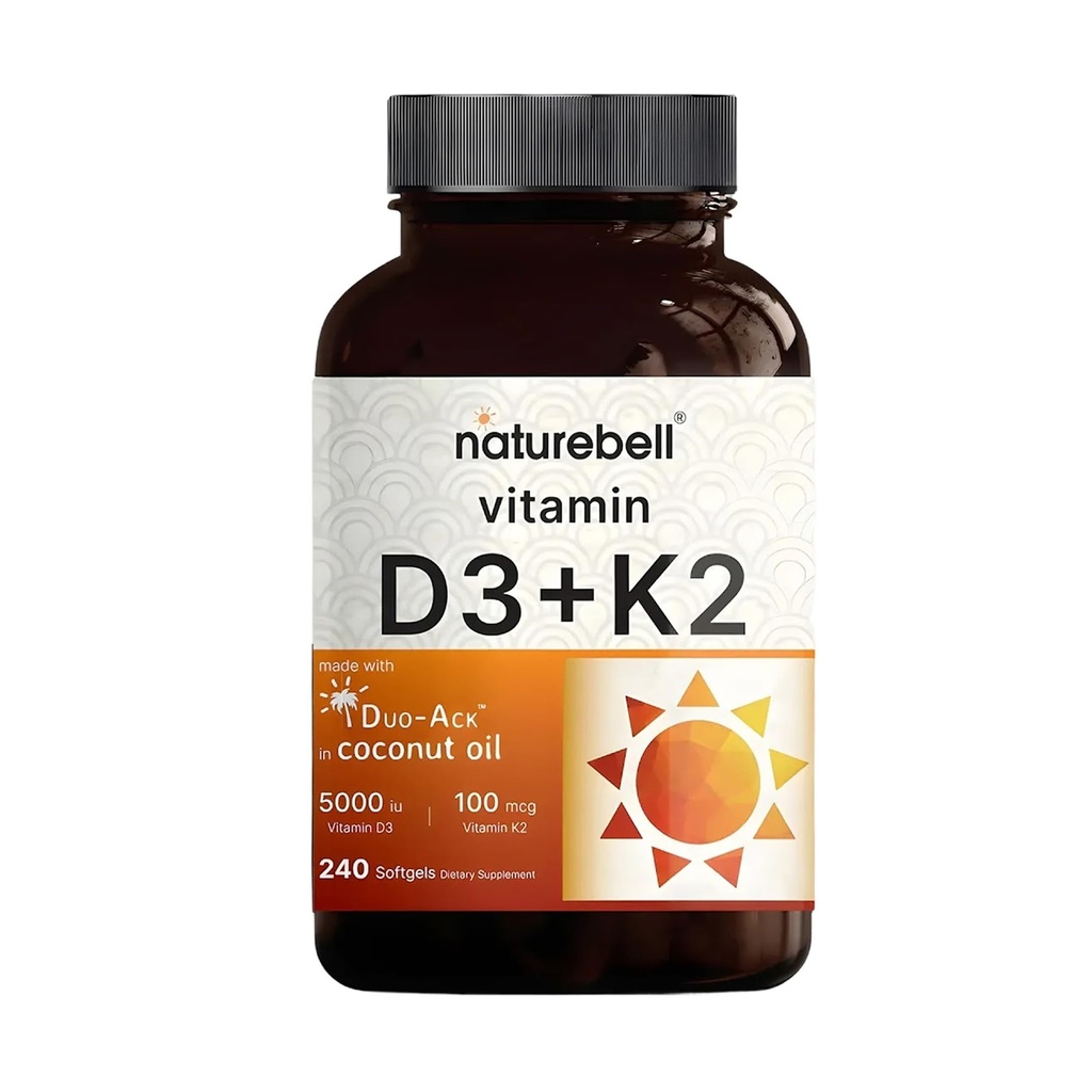 NatureBell Vitamin D3 5000 IE + K2 100 mcg, 240 Softgels against 124; Daily 2- in-1 Formel med Virgin kokosolie