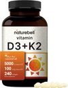 NatureBell Vitamin D3 5000 IE + K2 100 mcg, 240 Softgels against 124; Daily 2- in-1 Formel med Virgin kokosolie
