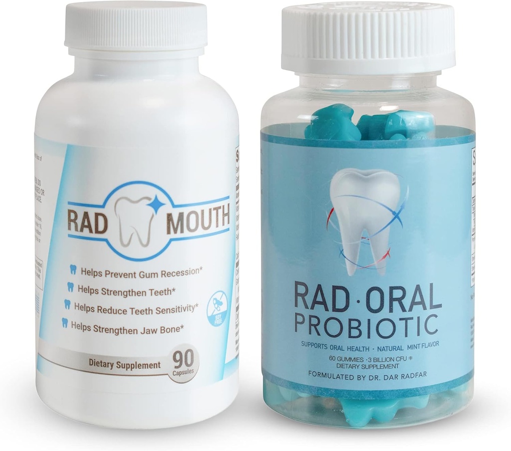 Rad Oral Probiotika til tænder og tandkød med Rad Mouth til tandkødsfølsomhed - Tandlæge Formuleret tandprobiotika med Lactobacillus Reuteri og Multivitamin til styrkelse af tandkød, tænder og Jaw Bone