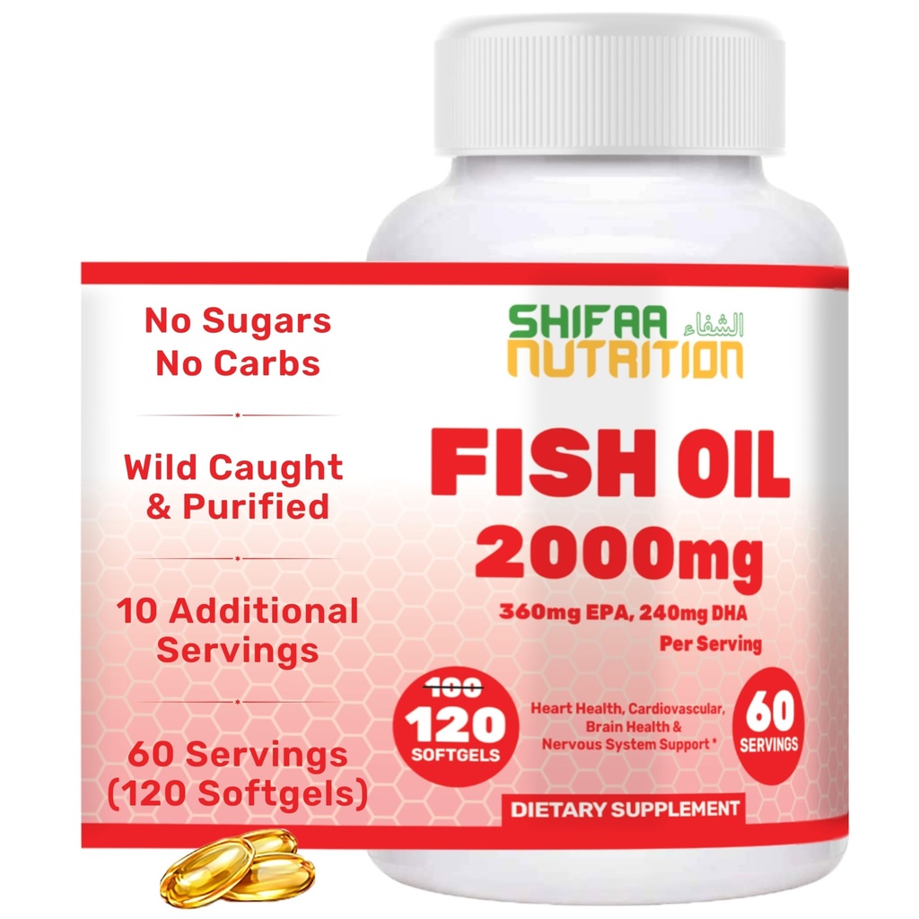 SHIFAA NUTRITION Halal Fish Oil 2000mg Softgels med 360mg EPA & 240mg DHA. 100 Wild fanget & Non- GMO Omega 3 Softgels for Heart & Brain Health. Burpless, Easy- to- Sluge Fish Oil Omega 3 Kosttilskud