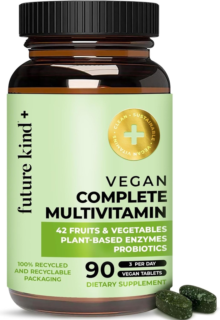 Fremtiden Kind Vegan Multivitaminer Komplet - 42- in-1 Vegan Multivitaminer til kvinder & mænd med enzymer, B12, zink, & Probiotika til fordøjelse (90 faner i genvundet flaske)
