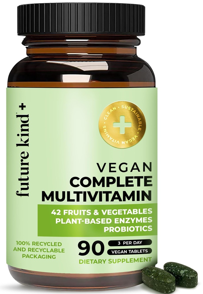 Fremtiden Kind Vegan Multivitaminer Komplet - 42- in-1 Vegan Multivitaminer til kvinder & mænd med enzymer, B12, zink, & Probiotika til fordøjelse (90 faner i genvundet flaske)