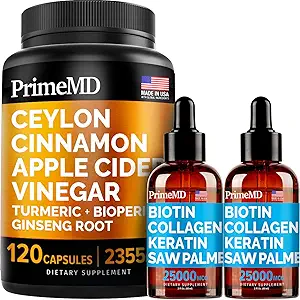 4-in-1 Flydende Biotin Collagen Keratin Saw Palmetto Drops (2 fl oz - 2 Pack) & 5-in-1 Ceylon Cinnamon w gurkemeje & Ginseng Root (120ct) Bundle - Hår, hud, negle, & immunsupportsupplement