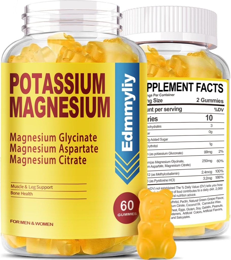 Kalium Magnesium supplement Gummies for voksne Høj Absorption Kalium Gluconat 99mg Magnesium Citrate 250 mg med vitamin B6 B12 Understøtter kød, energi, muskelafslapning, ben sundhed, sukker fri