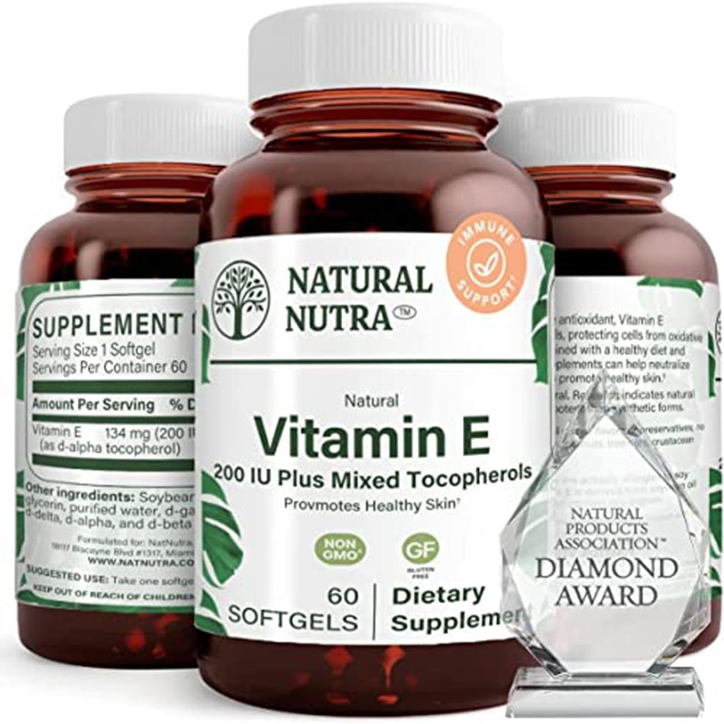 Naturlig Nutra Vitamin E 200 IE supplement til hud, hår og negle, Promote Heart Health, Hjælper med at reducere rødme, Hjælper med at forhindre hud tekstur, Promoderet immunsystem, Gluten Free, 60 Softgels