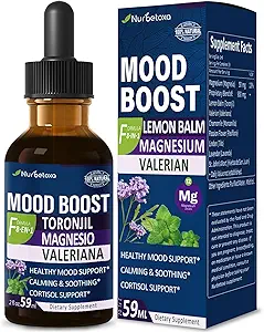 Lemon Balm Mood Boost Drops, Gotas de Citrato de Magnesio, Toronjil y Valeriana para Dormir y Ansiedad, Natural Calm, Cortisol Balance, Promotes Relaxation w/Magnesium Extract Liquid.2oz
