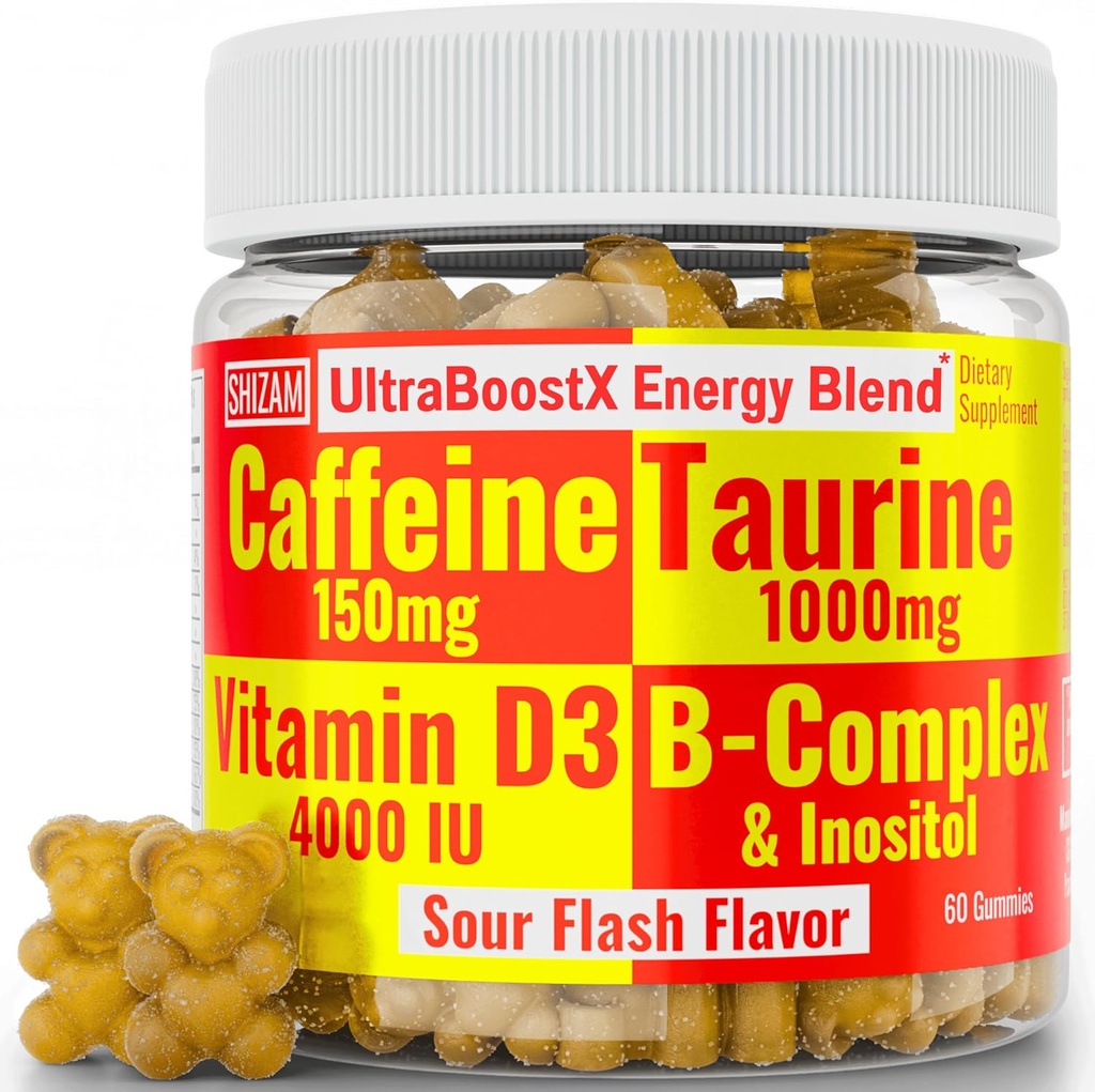 SHIZAM Taurine 1000mg Caffeine 150mg Energy Gummies w D-3 B-12 B Complex Inositol, Gel Gels Vitamins Vitamin Drinks Capsules Drink Shot Chews Pills Powder Alt, Running Runners Supplement Supplements