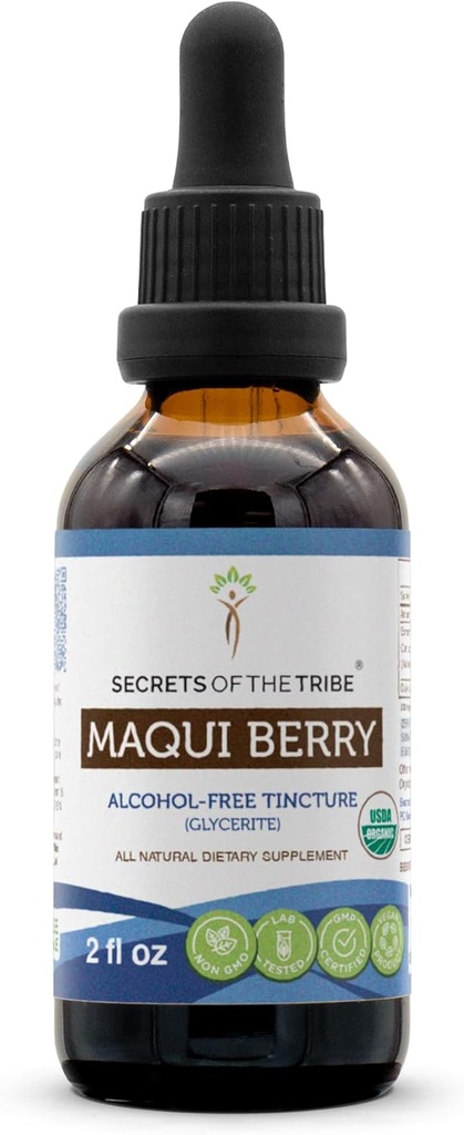Secrets of the Tribe Maqui Berry USDA Organic Tincture Alcohol- Free Liquid Extract, Maqui Berry (Aristotelia chilensis) Tørret Berry (2 FL OZ)