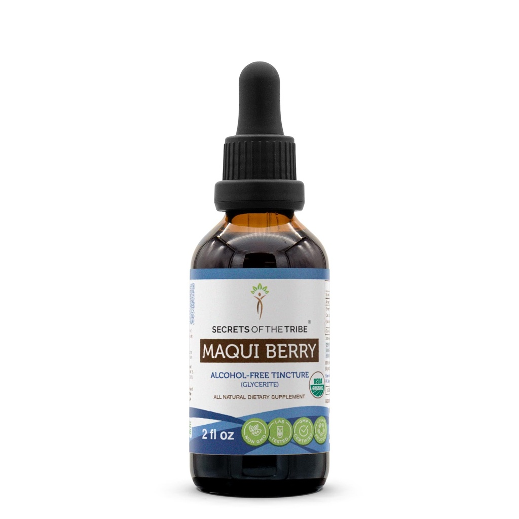 Secrets of the Tribe Maqui Berry USDA Organic Tincture Alcohol- Free Liquid Extract, Maqui Berry (Aristotelia chilensis) Tørret Berry (2 FL OZ)