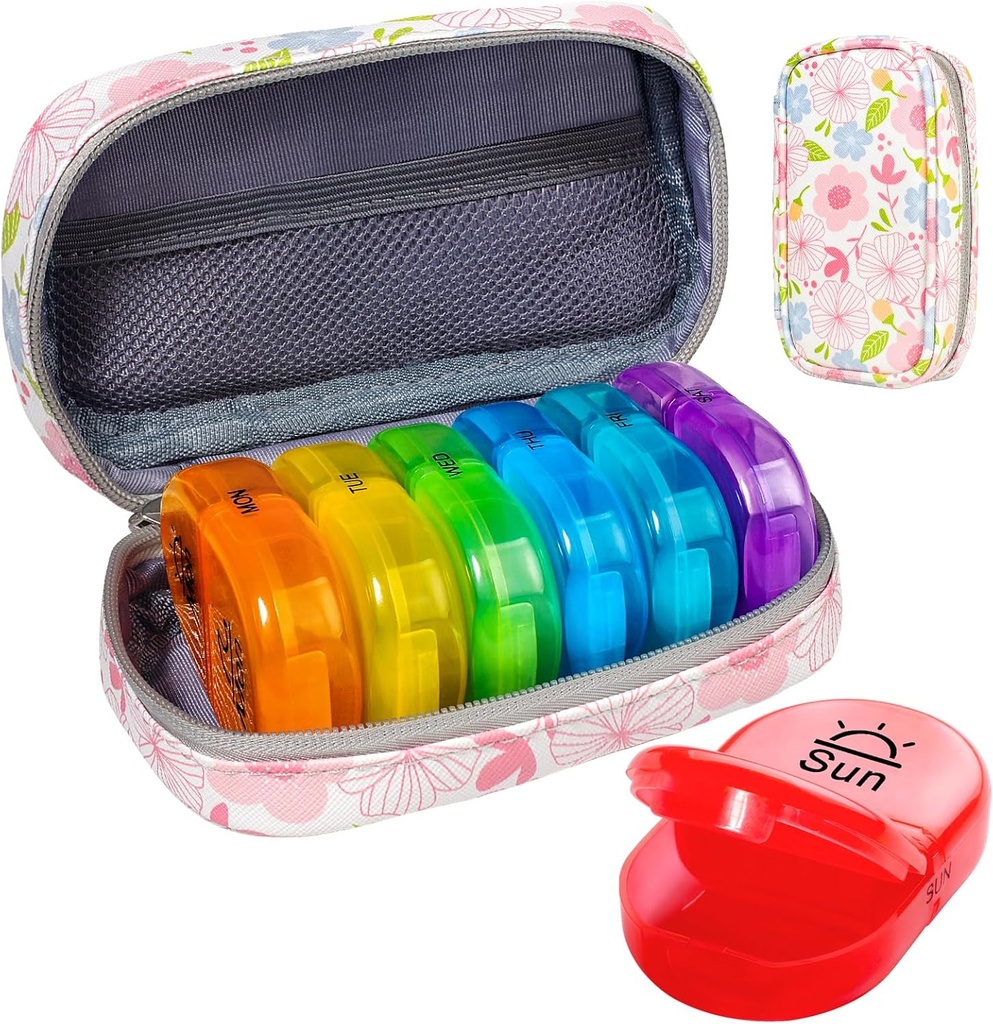 Serfeymi Weekly Travel Pill Organizer 2 Times A Day AM PM Upgraded Rainbow Pill Box 7 Day with Portable Zipper PU Leather Pill Case, Medicine Organizer for Pills, Vitamins, Fish Oils - Floral 01